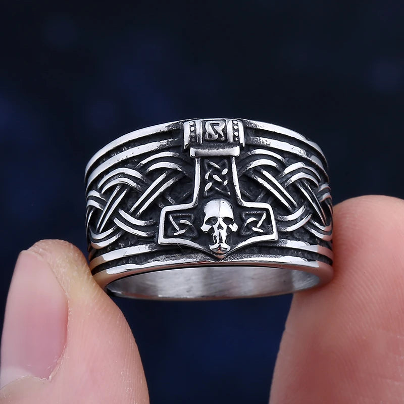 2024 New 316L Stainless Steel Vintage Viking Thor Ring With Skull For Man Trend Charm Party Jewelry Boyfriend&Teens Gift