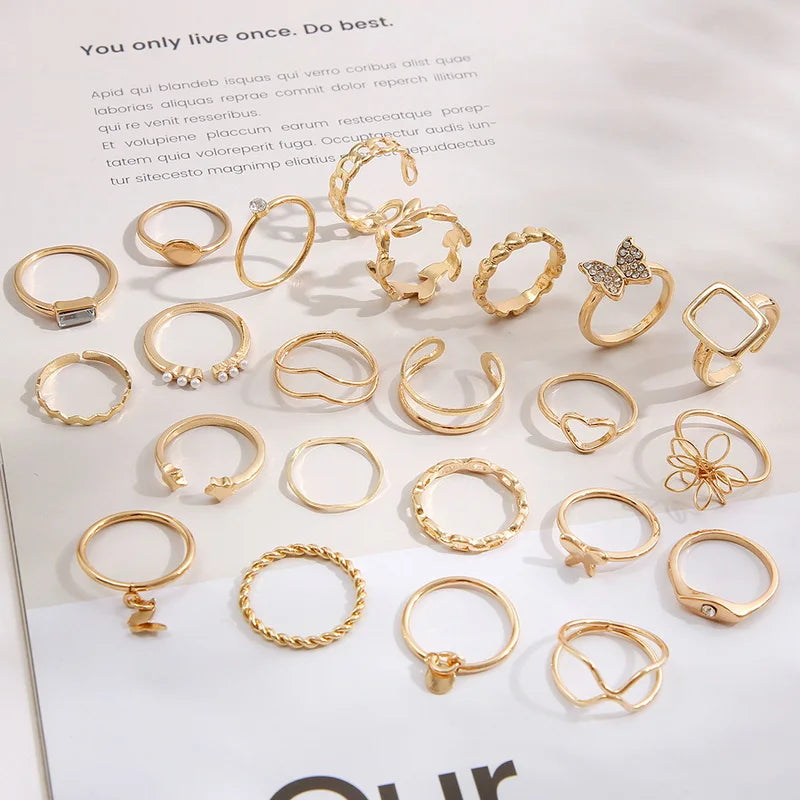 22PCS/SET Vintage Zircon Butterfly Heart Knuckle Rings Set For Women Men Hollow Flower Leaf Chain Geometric Rings Trendy Jewelry