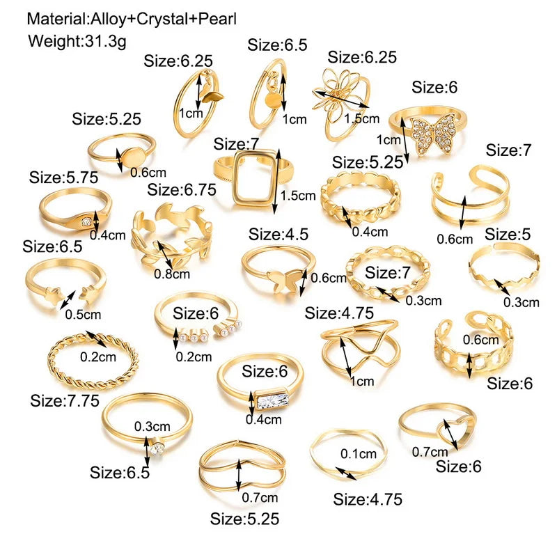 22PCS/SET Vintage Zircon Butterfly Heart Knuckle Rings Set For Women Men Hollow Flower Leaf Chain Geometric Rings Trendy Jewelry
