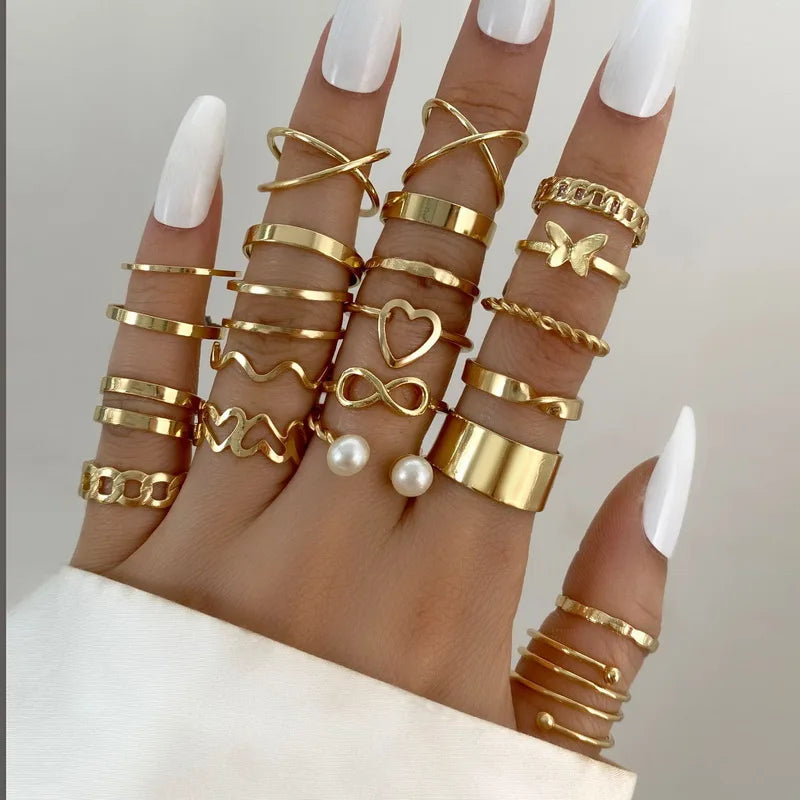 22PCS/SET Vintage Zircon Butterfly Heart Knuckle Rings Set For Women Men Hollow Flower Leaf Chain Geometric Rings Trendy Jewelry