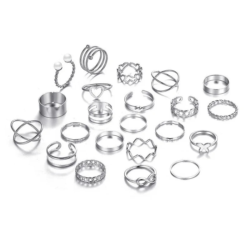 22PCS/SET Vintage Zircon Butterfly Heart Knuckle Rings Set For Women Men Hollow Flower Leaf Chain Geometric Rings Trendy Jewelry