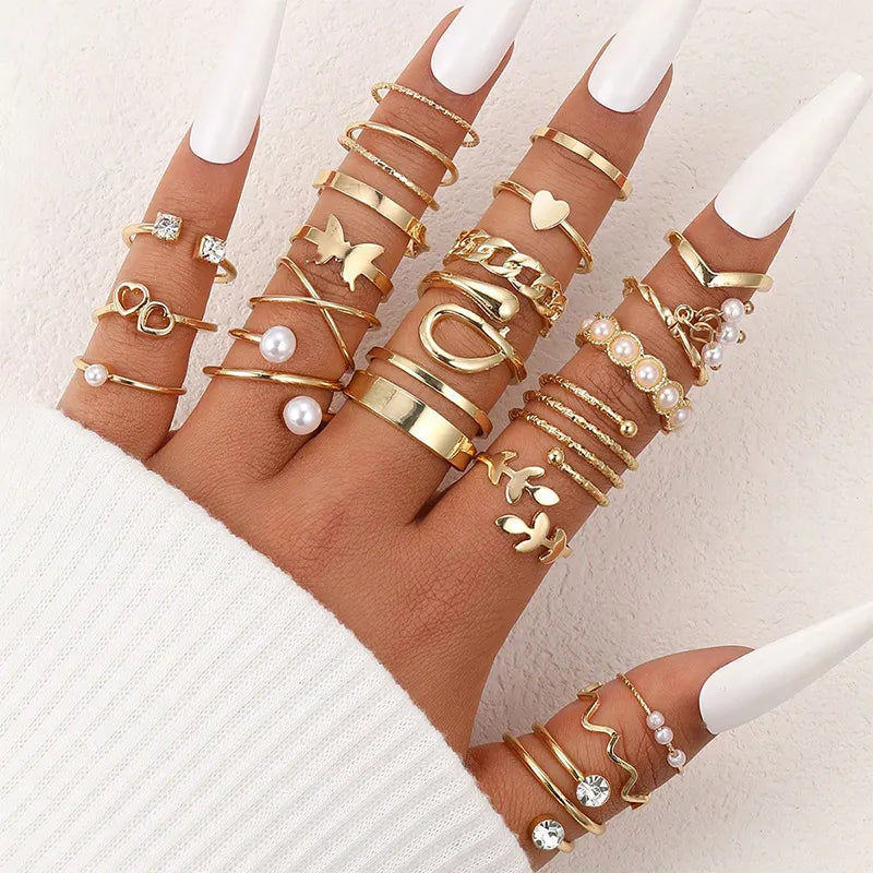 22Pcs/Set Gold Color Heart Snake Rings Set For Women Vintage Butterfly Pearl Geometric Hollow Ring  Wedding Party Jewelry