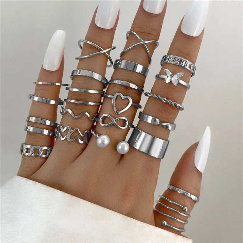 24Pcs Imitation Pearl Leaf Flower Rings Set For Women Punk Vintage Geometry Finger Ring Metal Knuckle Finger Ring Jewelry Gifts