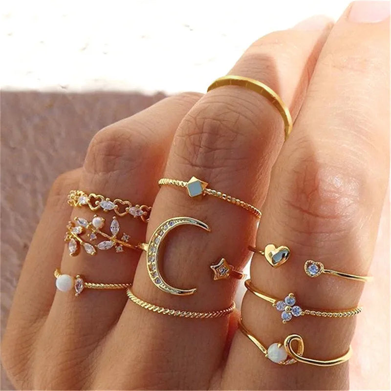 24Pcs Imitation Pearl Leaf Flower Rings Set For Women Punk Vintage Geometry Finger Ring Metal Knuckle Finger Ring Jewelry Gifts