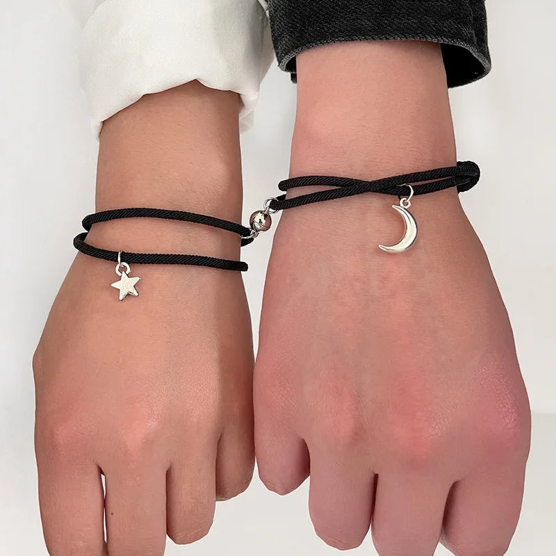 2Pcs  Star Moon Magnetic Pendant Couple Bracelets for Women Handmade Rope Chain Bracelet Friendship Minimalist Jewelry