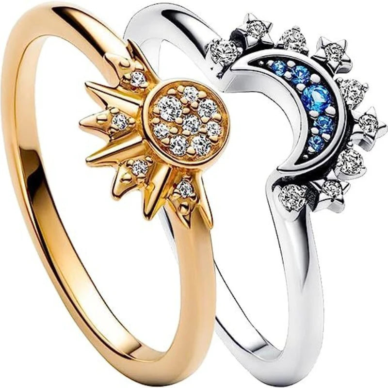 2pc/set Summer Couple Ring Set Sky Blue Sparkling Moon and Sun Ring   Women's Stackable Finger Set Engagement Jewelry