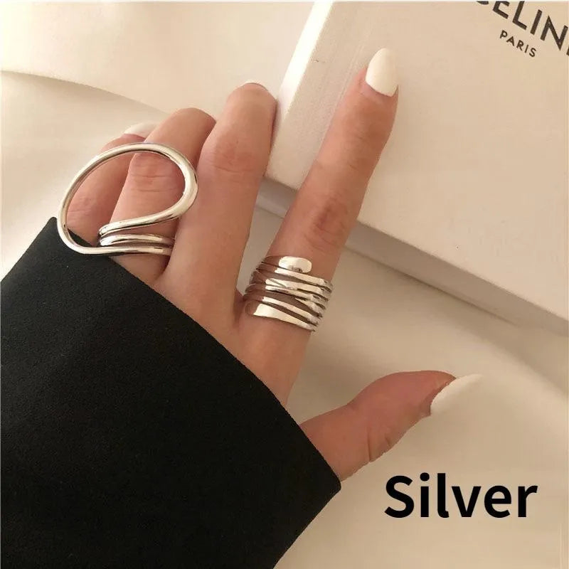 2pcs/set Women Rings Exaggerated Lines Rings for Women  Simple Distorted Geometric Party Statement Designer Jewelry