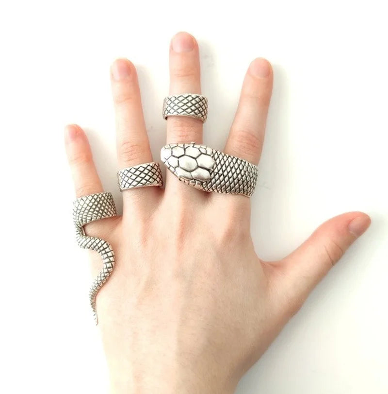 4 Pcs One Size Snake Ring Set for Women Men Antique Silver Color Gothic Ring Creative All-Match Jewelry