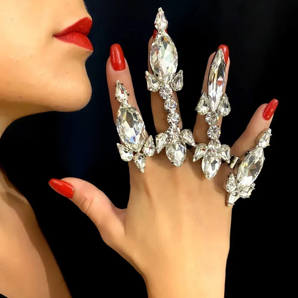 4PCS/Set Unique Design Rhineston Acrylice Oversized Open Finger Rings Decoration for Women Crystal Adjustable Cuff Rings Jewelry