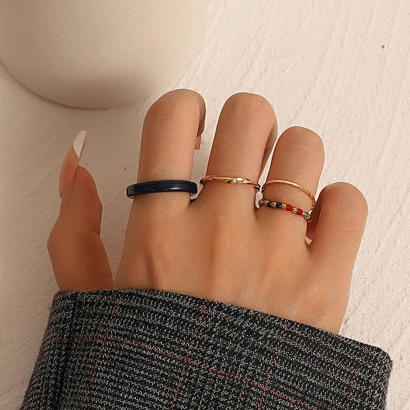 4PCS Women's Ring Summer Crystal Beaded Vintage Rings Set  Korean Women Jewelry Temperament Accessories Sweet Aesthetic Gift