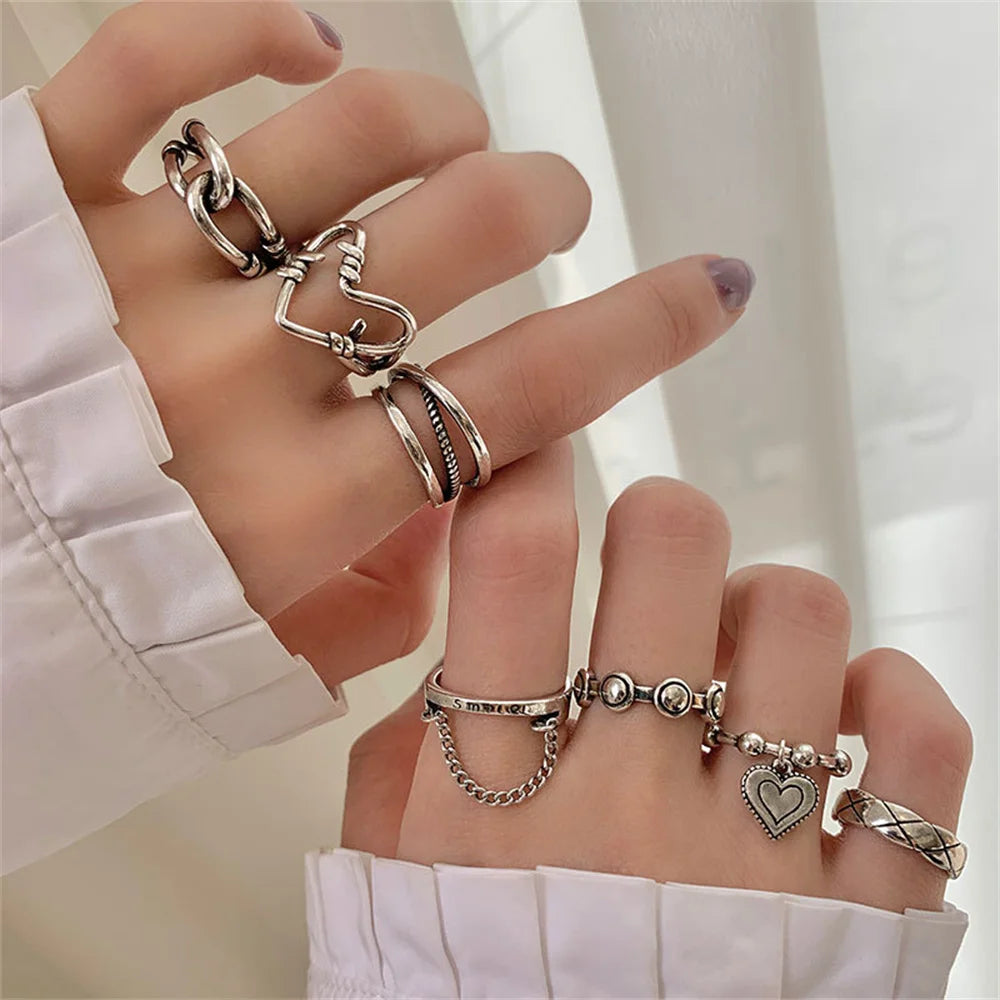 7pcs/set  Heart Chain Ring Set For Women Metal Silver Color Geometric Hollow Finger Ring Trendy Jewelry Gifts 2023