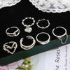 7pcs/set  Heart Chain Ring Set For Women Metal Silver Color Geometric Hollow Finger Ring Trendy Jewelry Gifts 2023