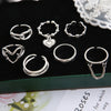 7pcs/set  Heart Chain Ring Set For Women Metal Silver Color Geometric Hollow Finger Ring Trendy Jewelry Gifts 2023