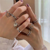 7pcs/set  Heart Chain Ring Set For Women Metal Silver Color Geometric Hollow Finger Ring Trendy Jewelry Gifts 2023