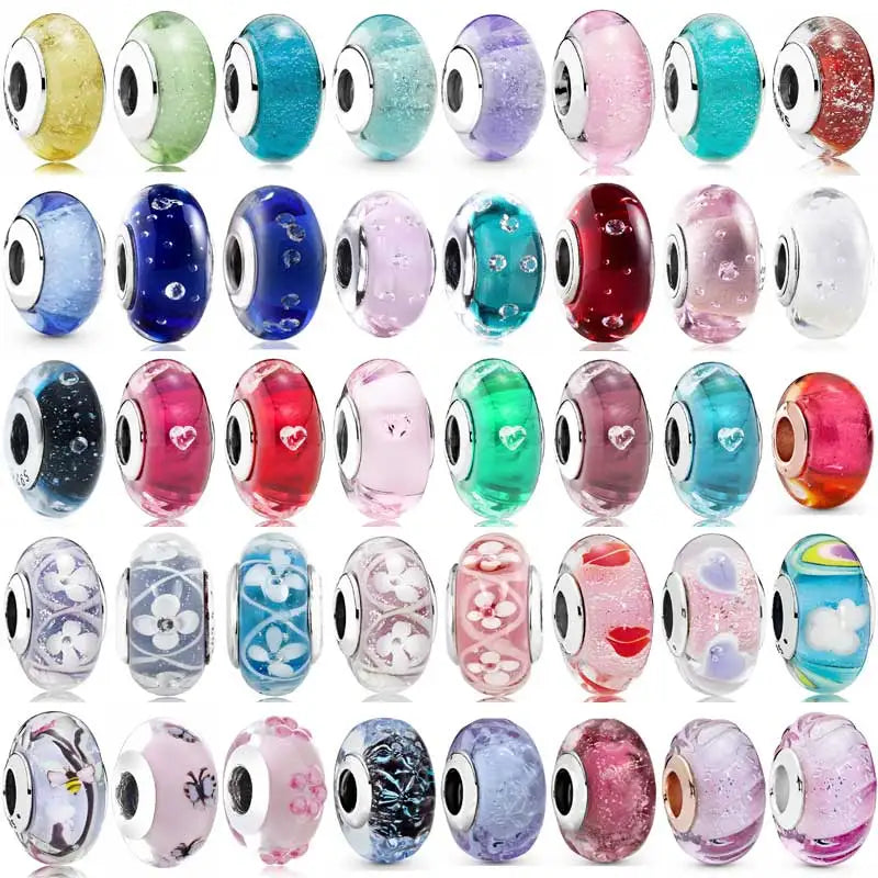 925 Sterling Silver Charm Shimmering Radiant Effervesence Heart Wavy Fancy Murano Glass Bead Fit Popular Bracelet Jewelry