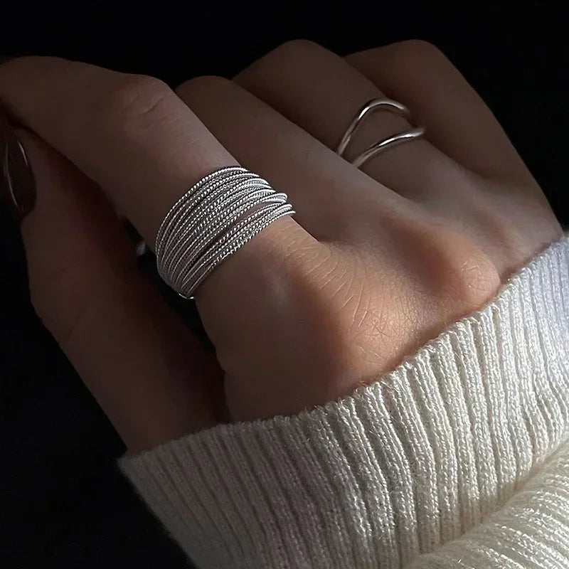 925 Sterling Silver Unique Lines Ring For Women Jewelry Finger Adjustable  Vintage Ring For Party Birthday Gift  Jewelry