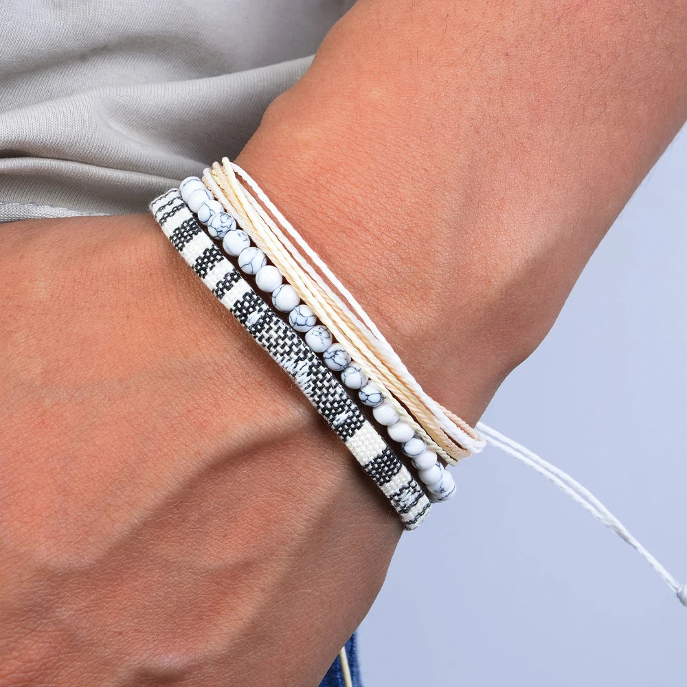 3pcs/set Men's Braided Bracelet Set, Stone Couple's Bracelet, Bohemian Ethnic Cotton and Linen Hand-woven Bracelet - Image 1