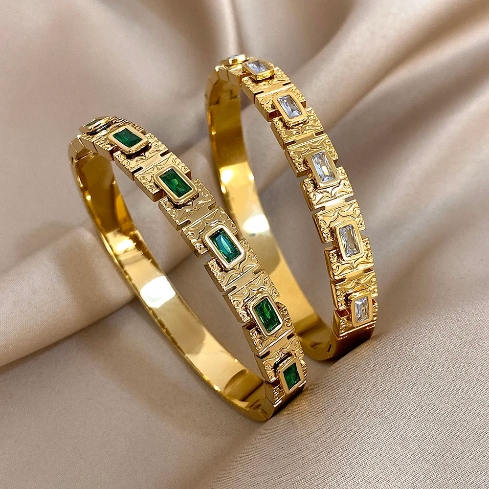 Vintage Green Zircon Stainless Steel Open Bangle for Women Glossy Round Chunky Spring Bangle Wide Cuff Hand Bracelet - Image 1