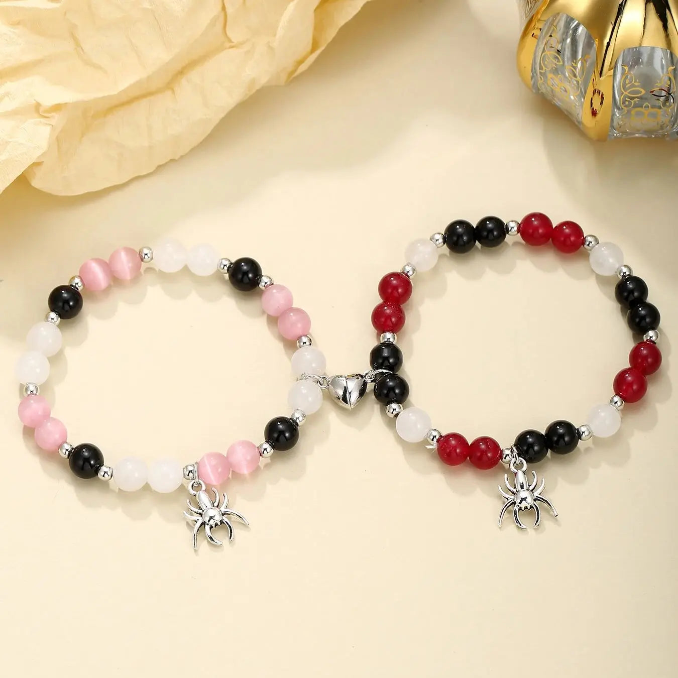 2 pcs of Spider Pendant Herat Shape Magnet Bead Elastic Couple's Bracelets, Bff Jewelry Gift - Image 1