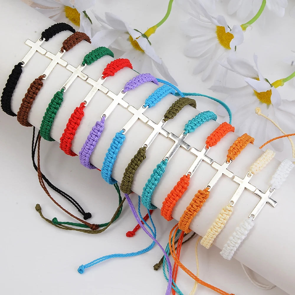 12pcs/set Wax Thread Bohemian Style Hand-woven Bracelets, Cross Rainbow Bracelets, Couple Bracelets - Image 1