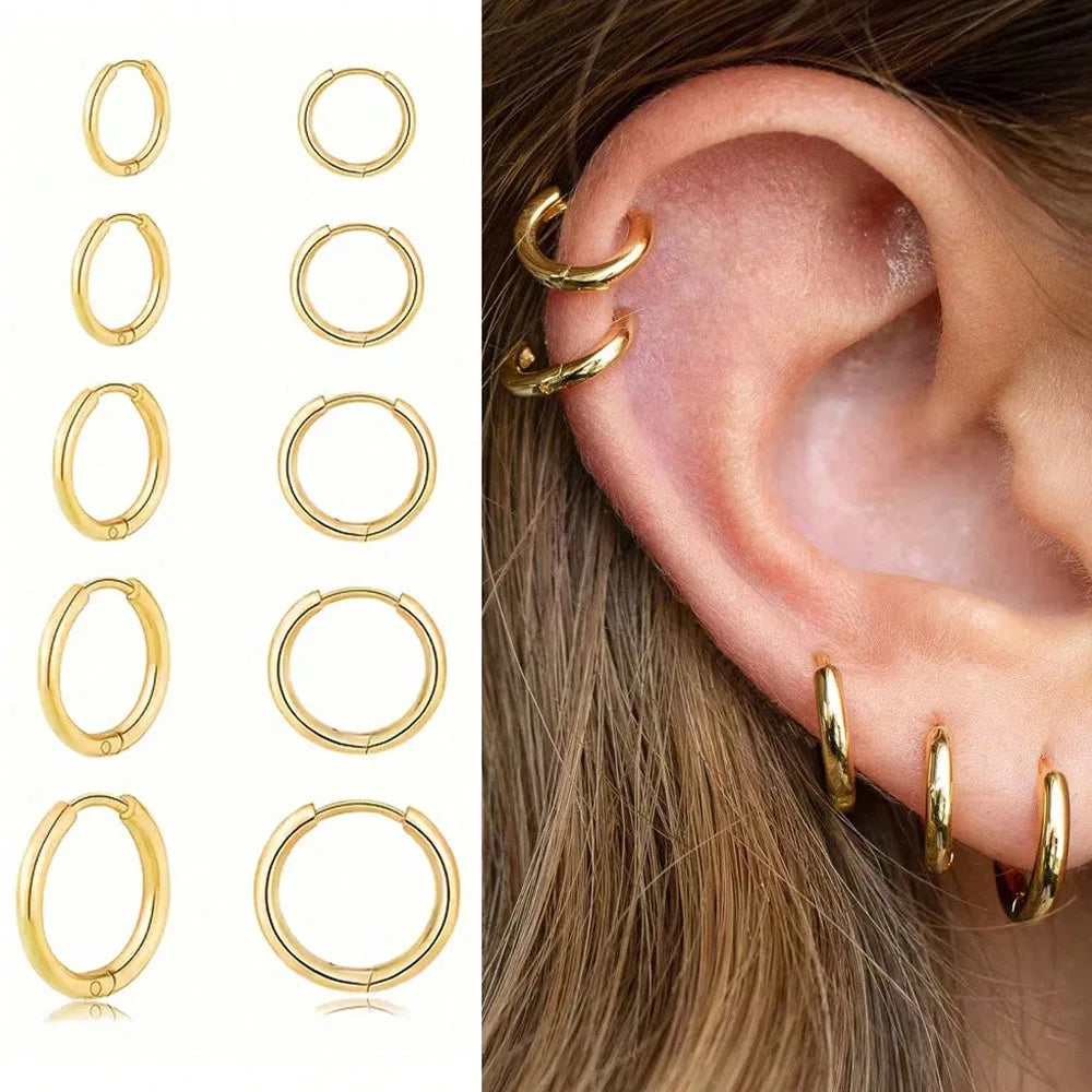 1/5 Pairs of Huggie Hoop Earrings for Women, Gold Plated Stainless Steel Lightweight Hinged Small Thin HoopS - Image 1