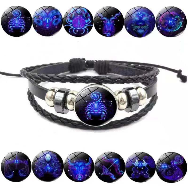 Luminous 12 Constellations Bracelet For Men Multilayer Leather Weave Zodiac Signs Bracelets Taurus Cancer Scorpio Jewelry Gift - Image 1