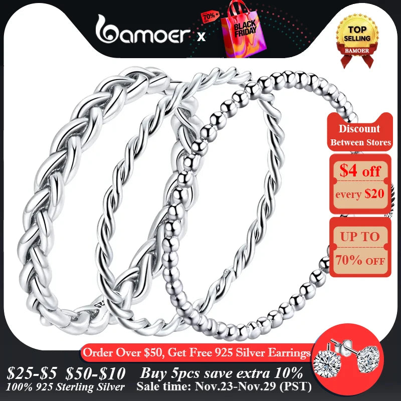 BAMOER 925 Sterling Silver Braided Texture Twisted Eternity Band Stackable Rings Fine Jewelry