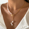 Baroque Simulated Pearls Long Tassel Pendant Necklace For Women Beaded Link Chain Necklace  Trend Lariat Wedding Jewelry