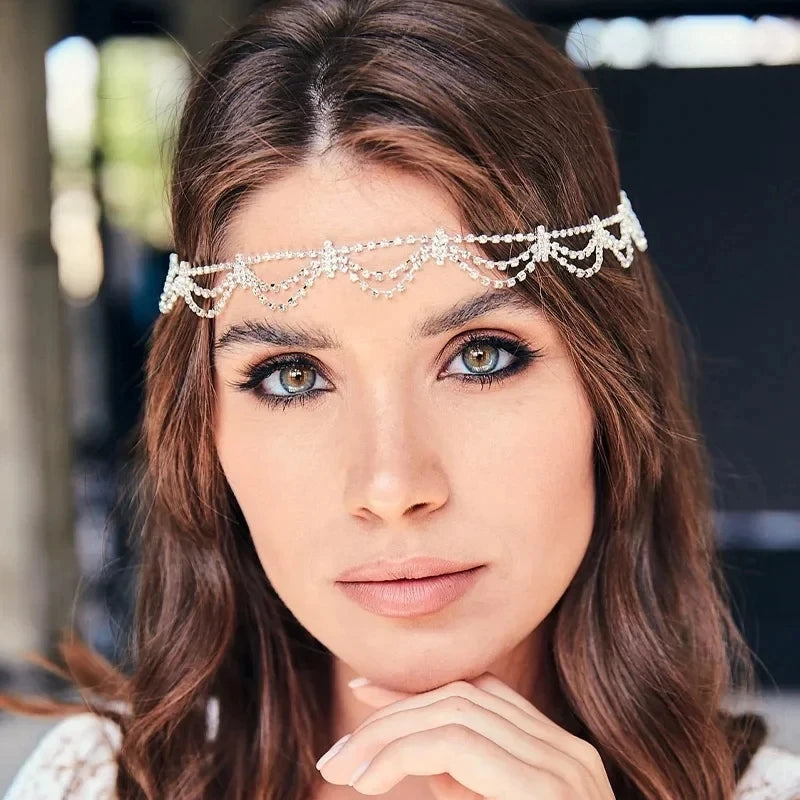 Bling Rhinestone Forehead Hair Chain Wedding Jewelry for Women Bohemian Multi Layer Crystal Wavy Headband Hair Accessories