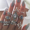 Bohemia Green Stone Finger Ring Set For Women Geometric Moon Owl Knuckle Rings Girls  Jewelry Gift
