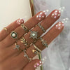 Bohemia Green Stone Finger Ring Set For Women Geometric Moon Owl Knuckle Rings Girls  Jewelry Gift