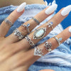 Bohemia Green Stone Finger Ring Set For Women Geometric Moon Owl Knuckle Rings Girls  Jewelry Gift