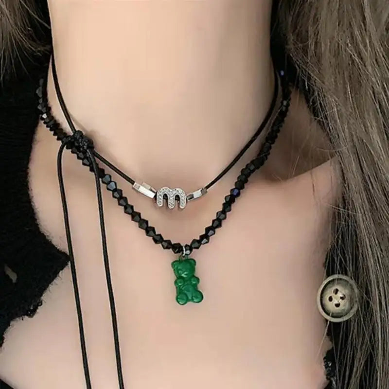 Bohemia Handmade Double Rope Green Bear Letter M Necklace Set for Women Trendy Vintage Punk Collier Hippie Jewelry 2022 New
