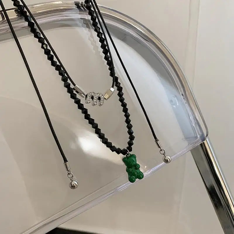 Bohemia Handmade Double Rope Green Bear Letter M Necklace Set for Women Trendy Vintage Punk Collier Hippie Jewelry 2022 New
