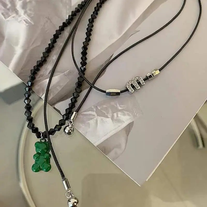 Bohemia Handmade Double Rope Green Bear Letter M Necklace Set for Women Trendy Vintage Punk Collier Hippie Jewelry 2022 New