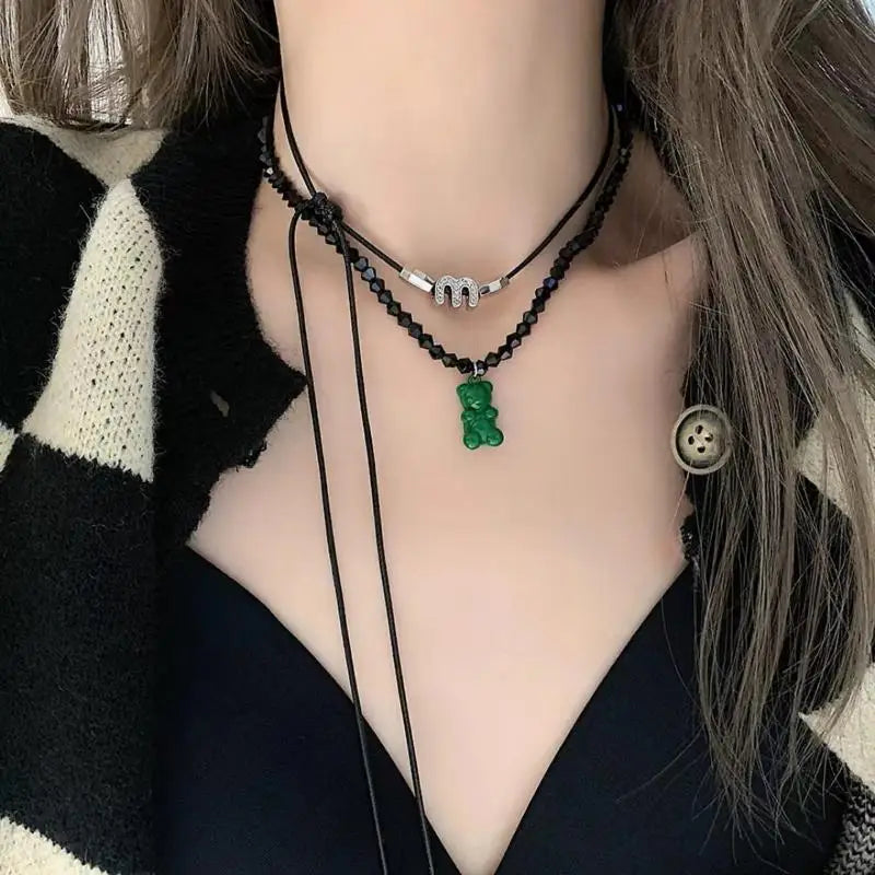 Bohemia Handmade Double Rope Green Bear Letter M Necklace Set for Women Trendy Vintage Punk Collier Hippie Jewelry 2022 New