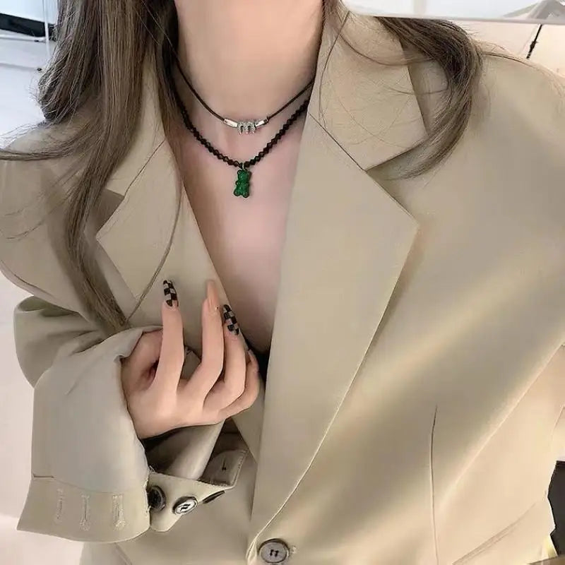 Bohemia Handmade Double Rope Green Bear Letter M Necklace Set for Women Trendy Vintage Punk Collier Hippie Jewelry 2022 New