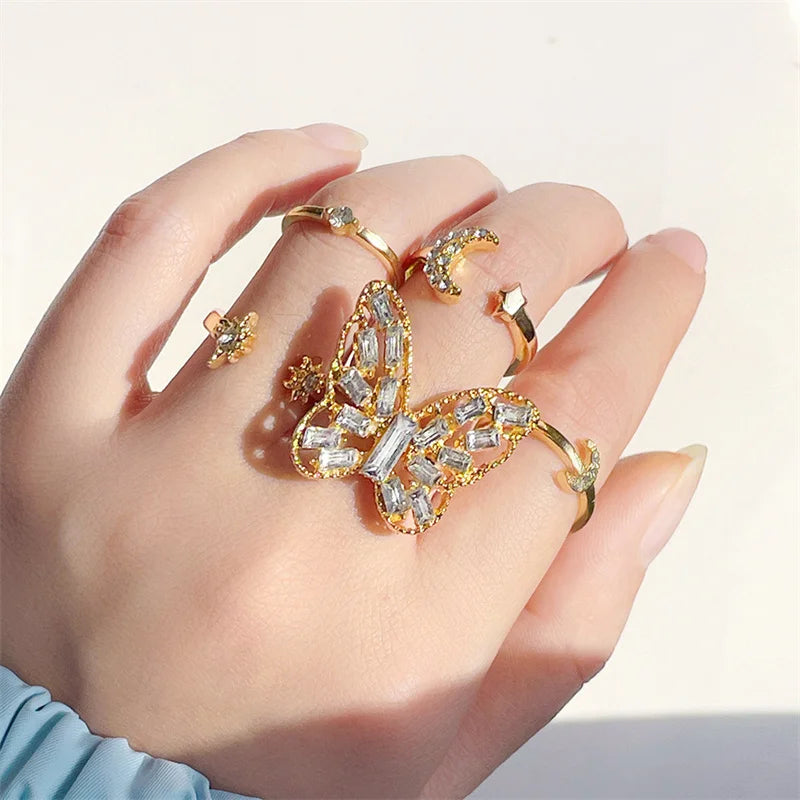 Bohemian Wave Flower Rings Set For Women Vintage Geometric Pearl Butterfly Metal Chain Knuckle Rings  Trendy Jewelry Gift