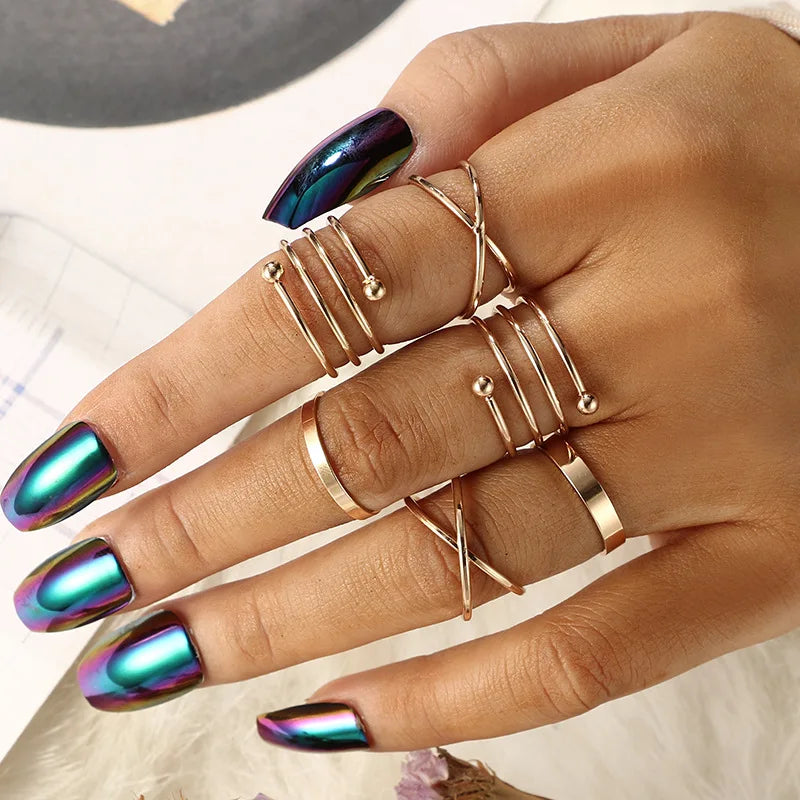 Bohemian Wave Flower Rings Set For Women Vintage Geometric Pearl Butterfly Metal Chain Knuckle Rings  Trendy Jewelry Gift