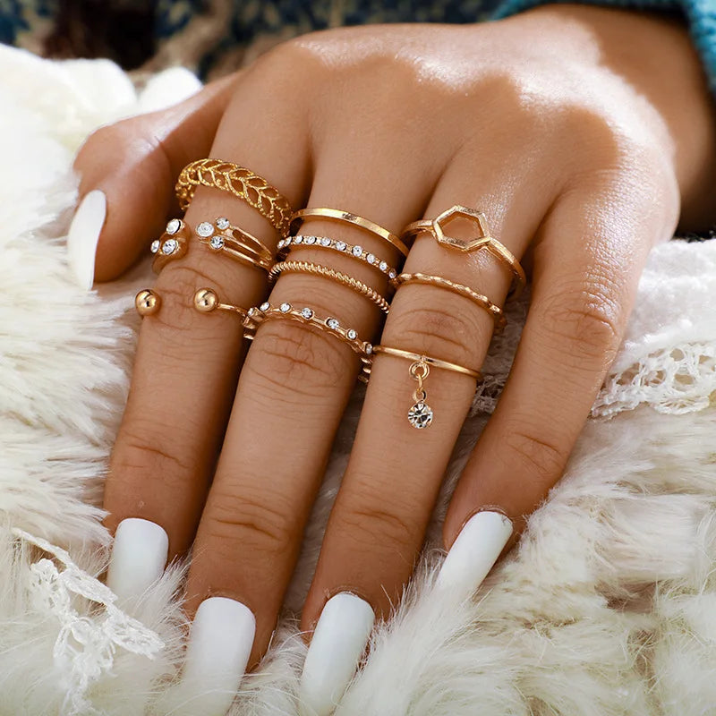 Bohemian Wave Flower Rings Set For Women Vintage Geometric Pearl Butterfly Metal Chain Knuckle Rings  Trendy Jewelry Gift