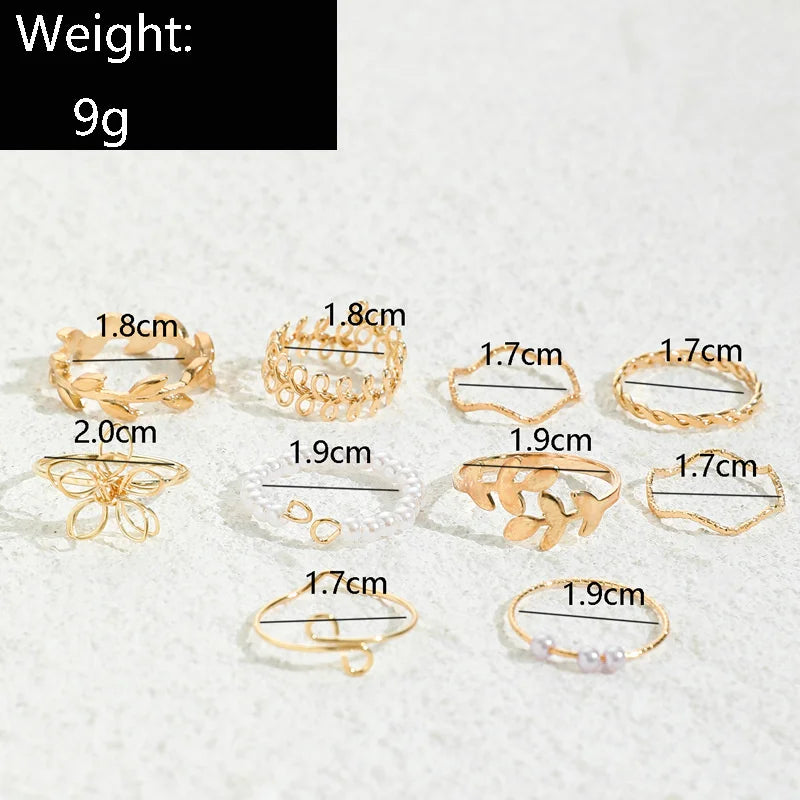 Bohemian Wave Flower Rings Set For Women Vintage Geometric Pearl Butterfly Metal Chain Knuckle Rings  Trendy Jewelry Gift