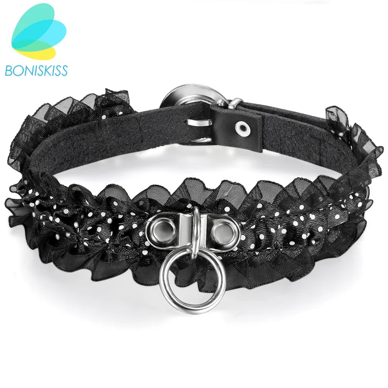 Boniskiss  Sexy Punk Gothic Lace Leather Choker Necklace Spike Rivet Buckle Collar Funky Torques Necklace Jewelry