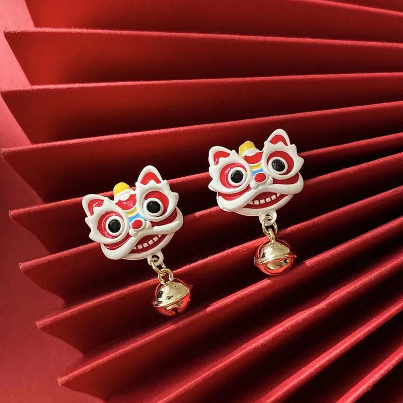 Chinese Style 2024 Red Little Lion Bell Pendant Earrings for Women Cute Dragon Earrings New Year Festive Jewelry Gifts