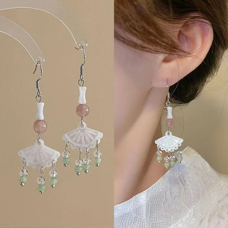 Chinese Style Acrylic Fan Leaf Earrings for Women Beach Long Tassel Beads Handmade Enamel Earrings Bride Wedding Pendientes