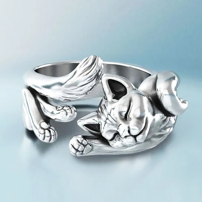 Cute Fortune Cat Shape Opening Rings For Women Silver Color Vintage Frog Toad Animal Delicate Finger Ring Girl  Jewelry