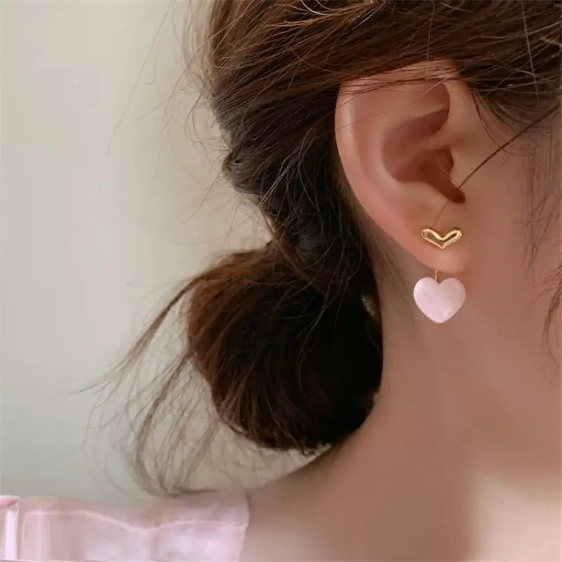 Cute Heart Drop Earrings for Woman with Pink Opal Gold Color Teens Unusual Korean Hanging Earrings Trend 2023 Accessory