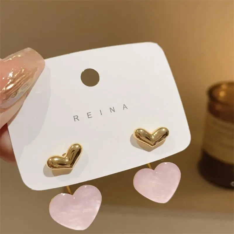 Cute Heart Drop Earrings for Woman with Pink Opal Gold Color Teens Unusual Korean Hanging Earrings Trend 2023 Accessory