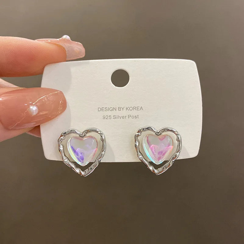 Cute Heart Drop Earrings for Woman with Pink Opal Gold Color Teens Unusual Korean Hanging Earrings Trend 2023 Accessory
