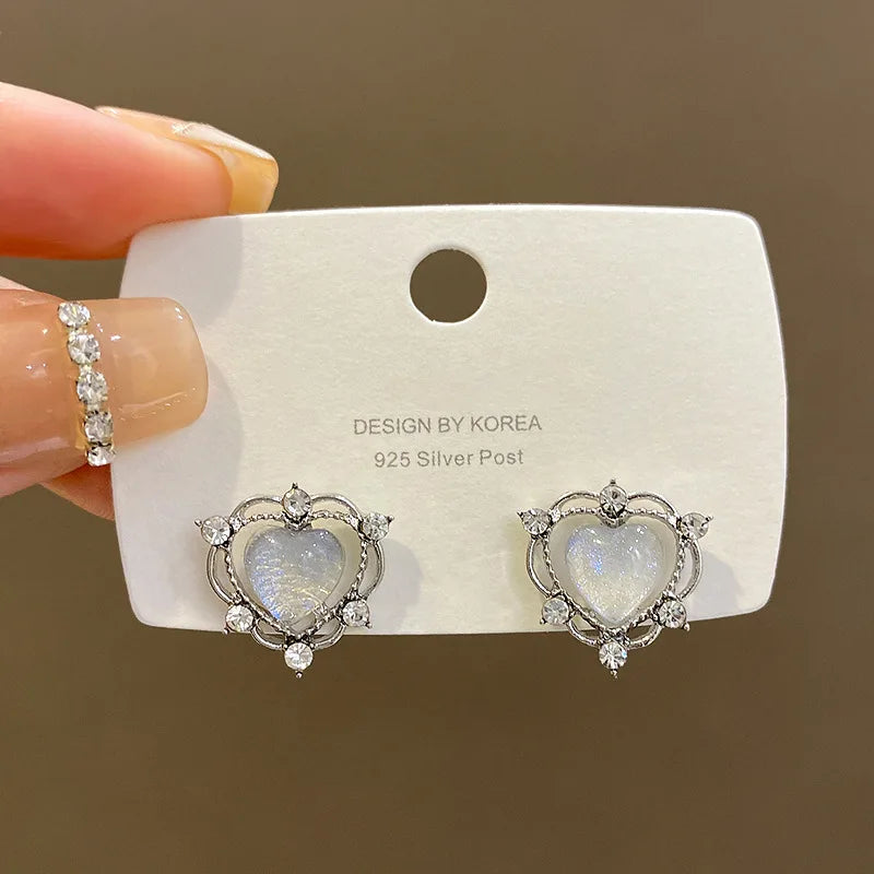 Cute Heart Drop Earrings for Woman with Pink Opal Gold Color Teens Unusual Korean Hanging Earrings Trend 2023 Accessory