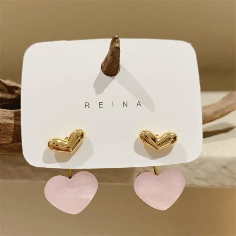 Cute Heart Drop Earrings for Woman with Pink Opal Gold Color Teens Unusual Korean Hanging Earrings Trend 2023 Accessory
